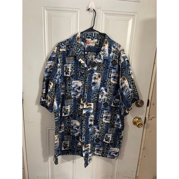 Hilo Hattie Hawaiian Original blue green white short sleeved button front collar - Picture 1 of 5